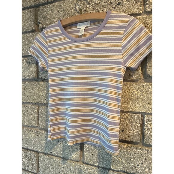 Full Tilt Essentials Womens Striped Lavender & Mustard Ribbed Short Sleeve Tee M - Picture 2 of 7
